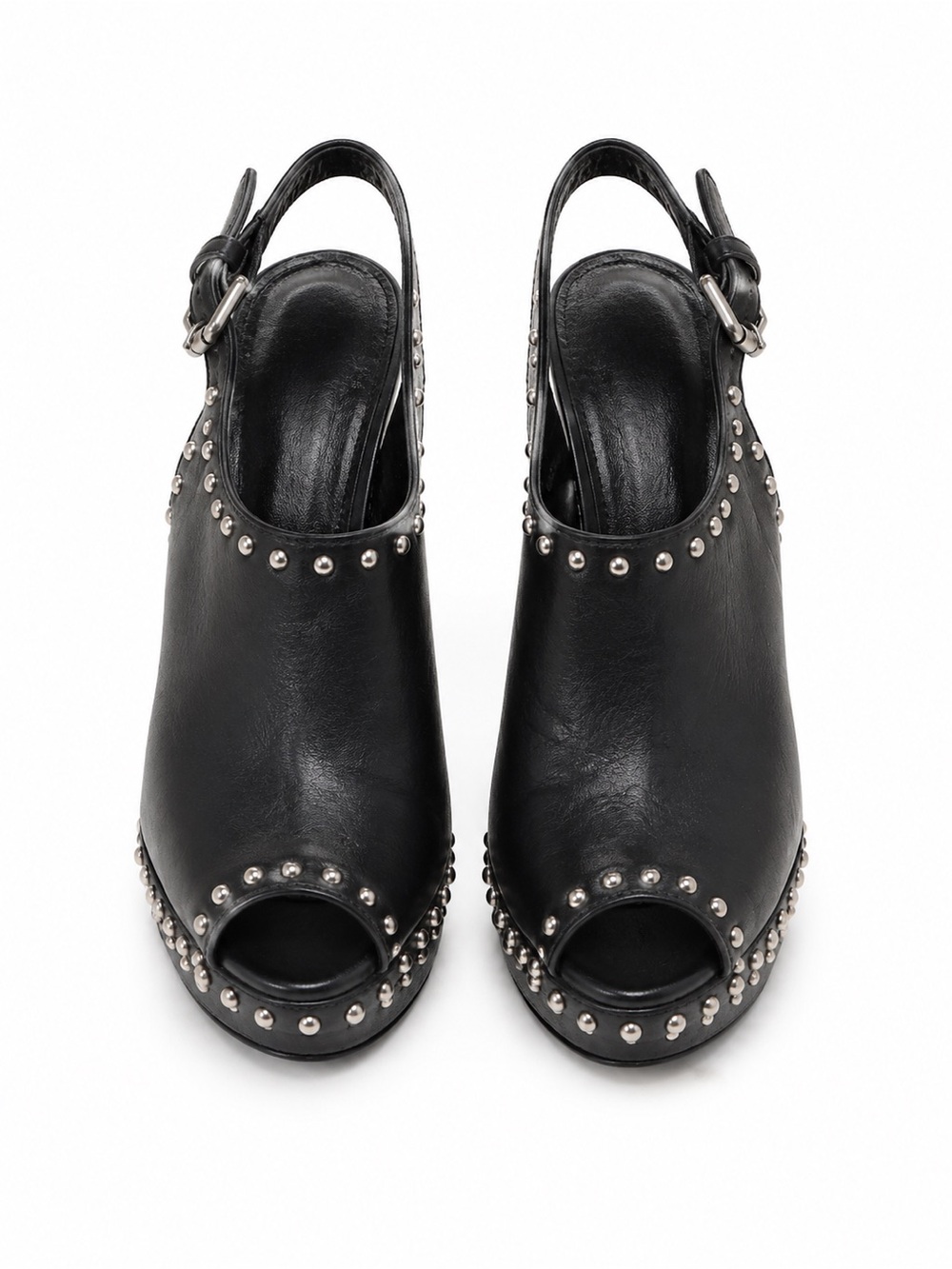 BCBG Black Leather Studded Peep-Toe Slingback Mules